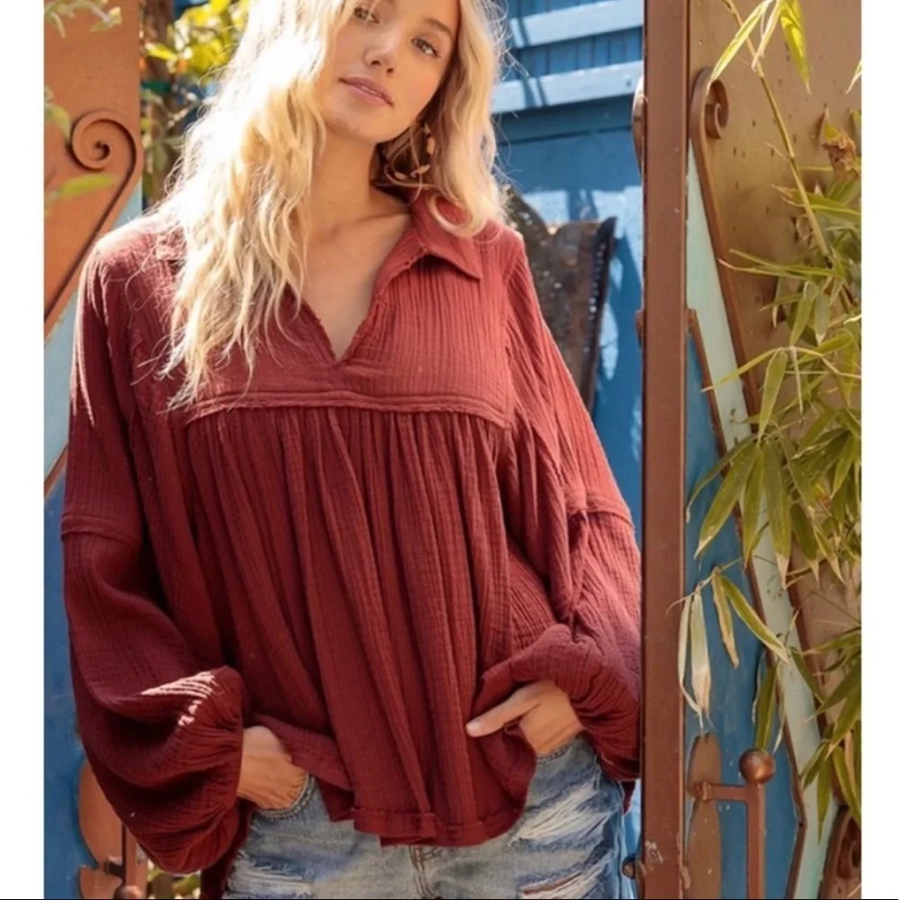 Ces Femme Burnt Orange Gauze Peasant Blouse - Picture 8 of 14